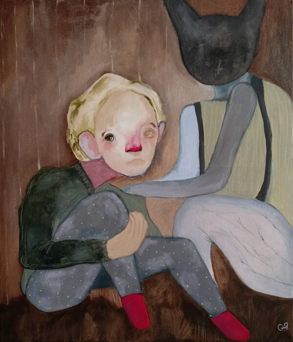 "Кот спустившийся с холма" 60х70 см, холст, акрил, 2025